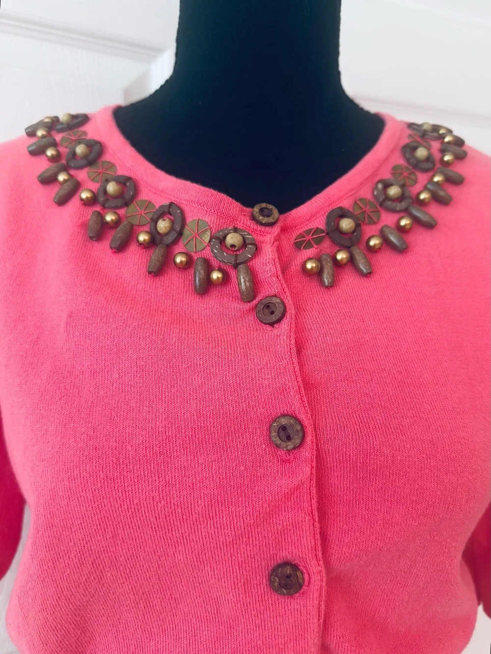 RUBY RD ~ Coral Pink 3/4 Sleeves Embellished Cropped Cardigan